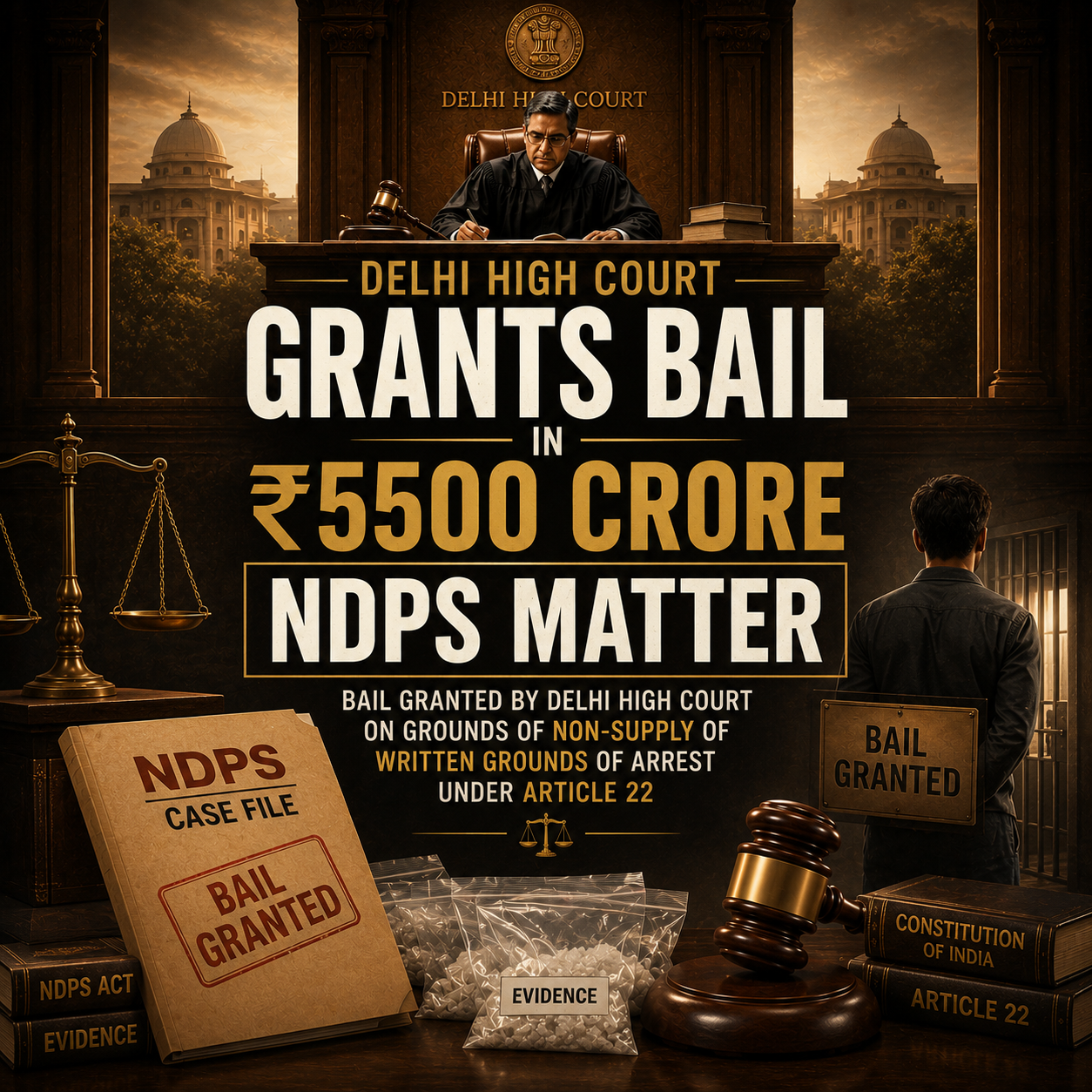 Delhi High Court Grants Bail in ₹5500 Crore NDPS Matter. Bail granted by Delhi High Court on grounds of non-supply of written grounds of arrest under Article 22