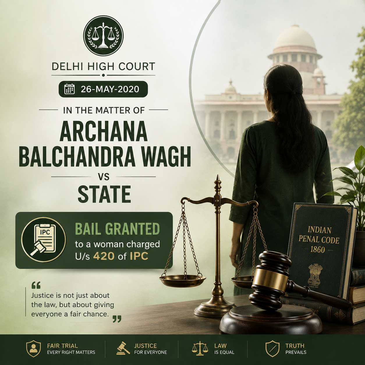 26-May-2020 Delhi High Court in the matter of "ARCHANA BALCHANDRA WAGH vs State" granted bail to a woman charged U/s 420 of IPC where the main accused is declared to be an absconder with the amount...