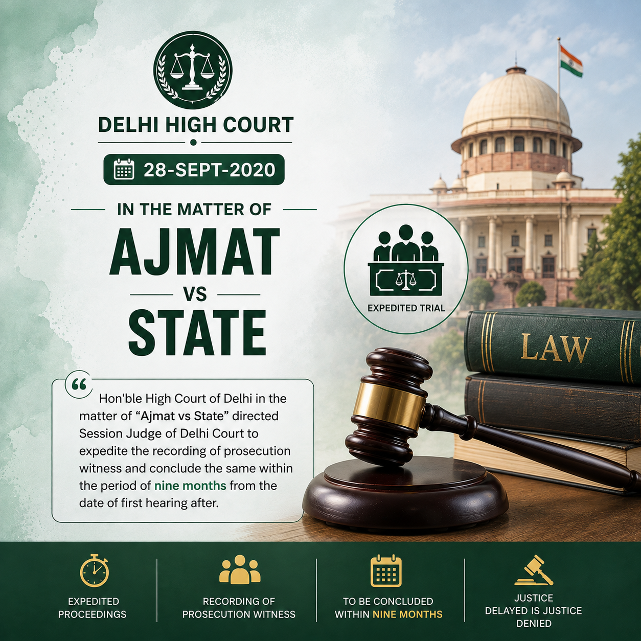 28-Sept-2020 Hon'ble High Court of Delhi in the matter of "Ajmat vs State" directed Session Judge of Delhi Court to expedite the recording of prosecution witness and colclude the same with in the period of nine months from the date of first hearing after