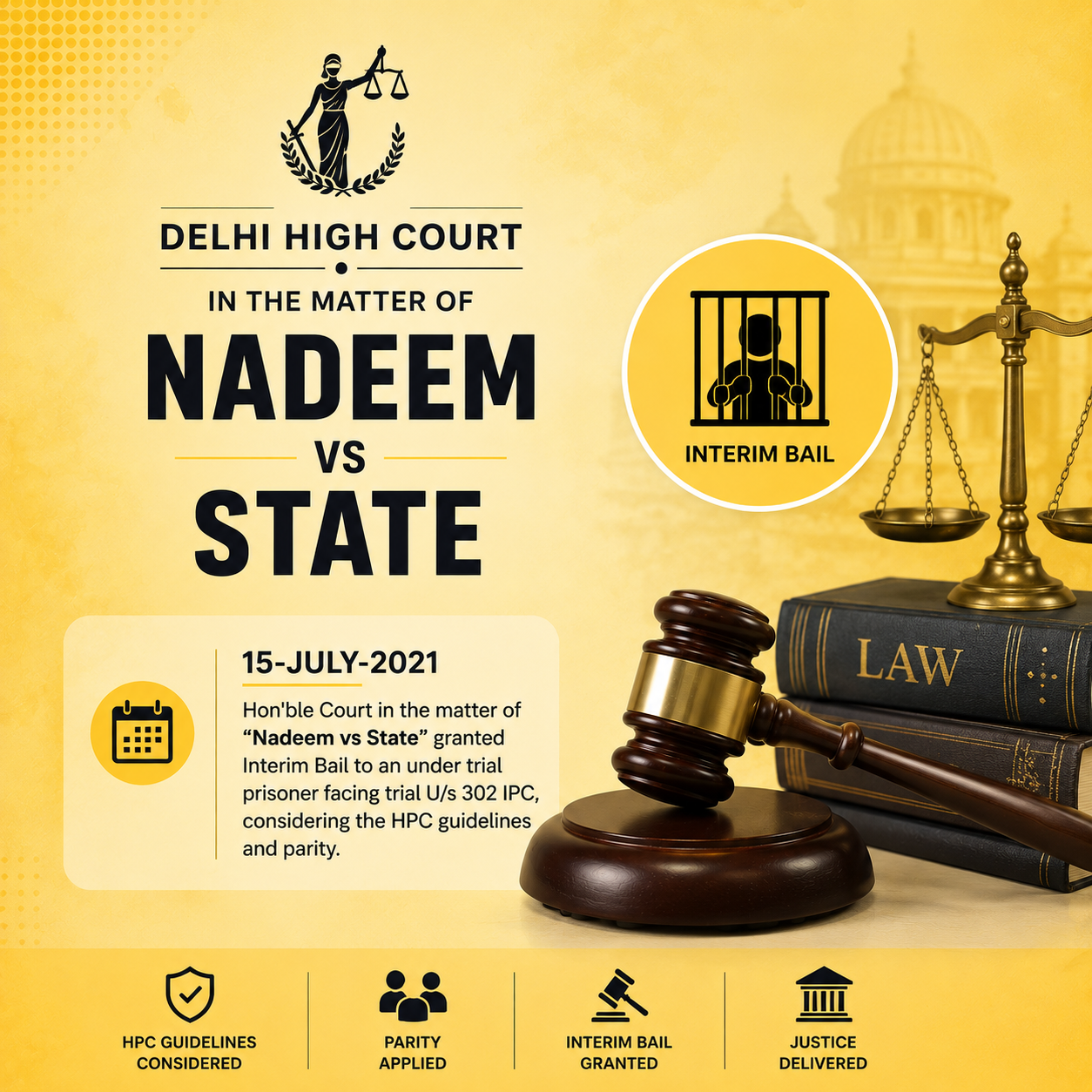 15-July-2021 Hon'ble Court in the matter of "Nadeem vs State" granted Interim Bail to an under trial prisoner facing trial U/s 302 IPC, considering the HPC guidelines and parity...