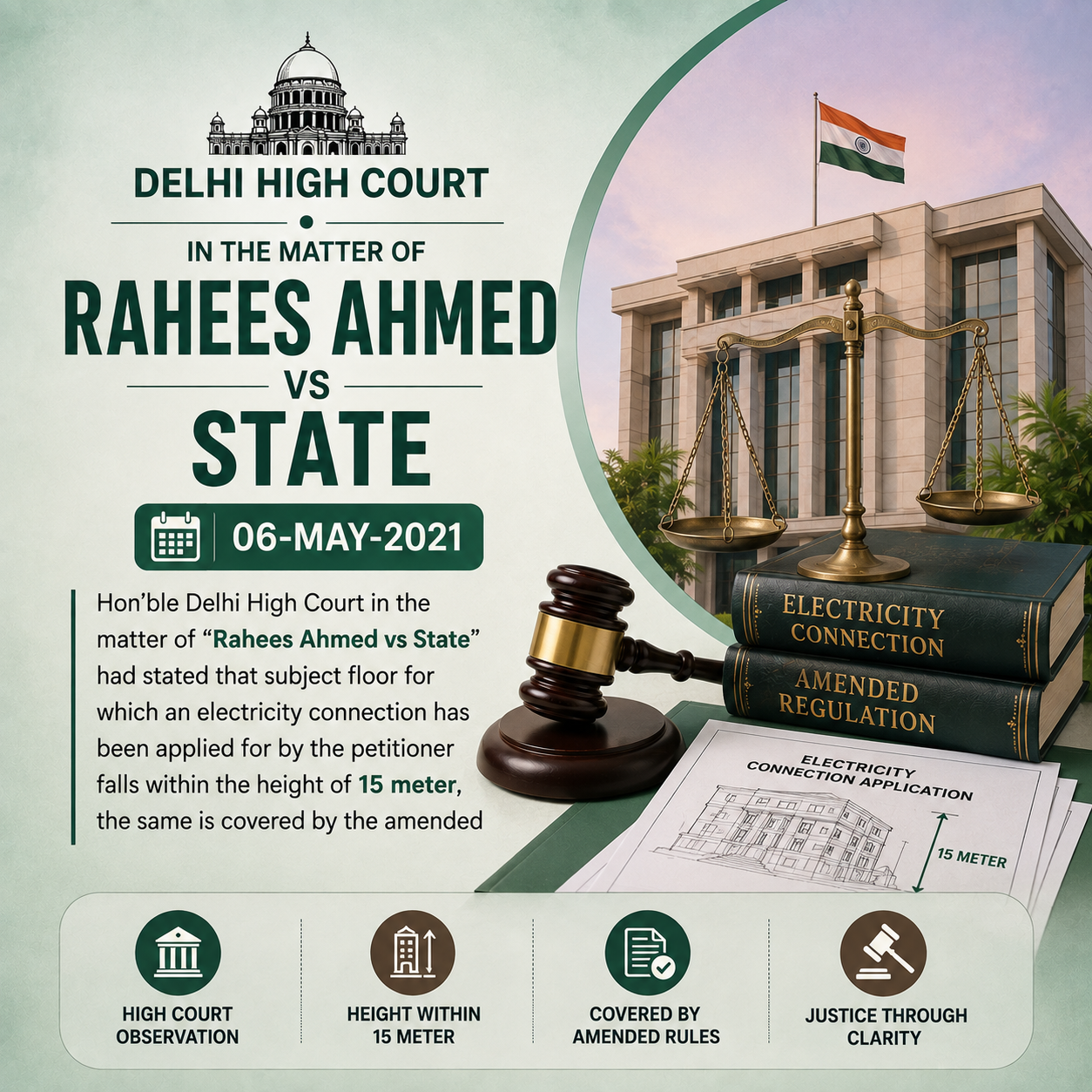 06-May-2021 Hon'ble Delhi High Court in the matter of "Rahees Ahmed vs State" had stated that subject floor for which an electricity connection has been applied for by the petitioner falls within the height of 15 meter, the same is covered by the amended